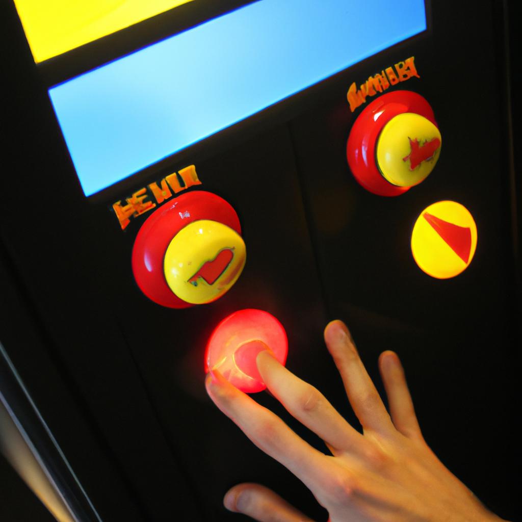 Person pressing arcade game buttons
