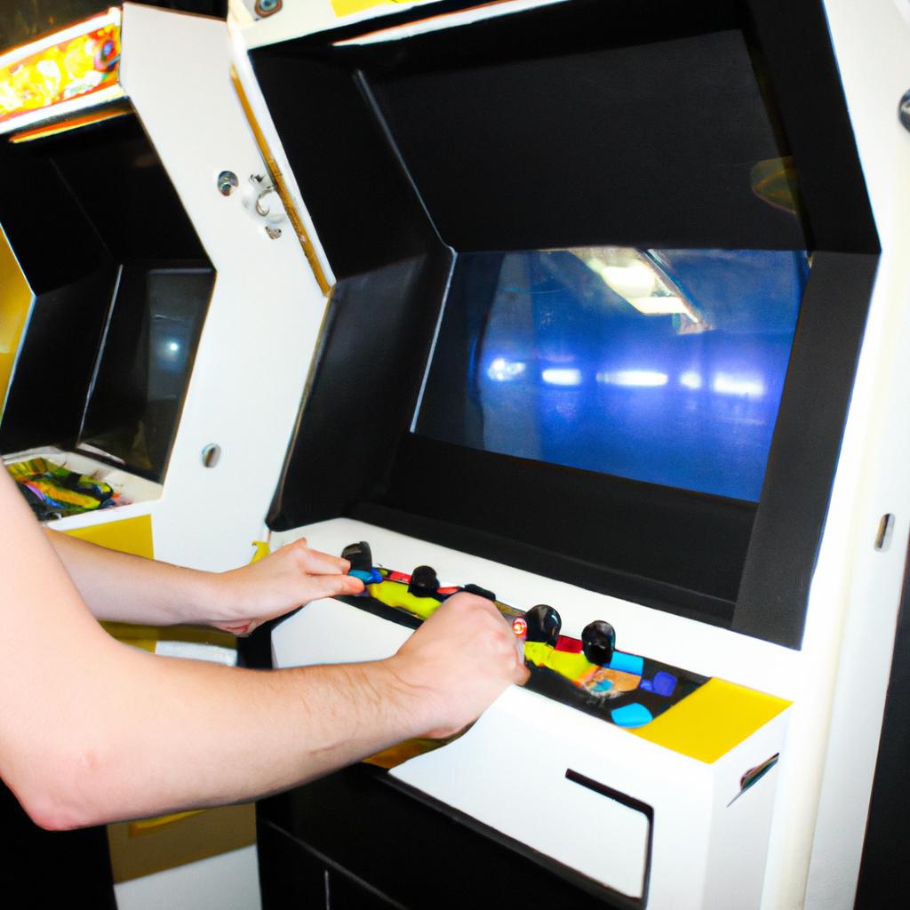 Person playing arcade cabinet games