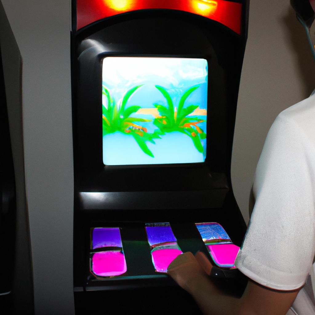 Person playing arcade game cabinet