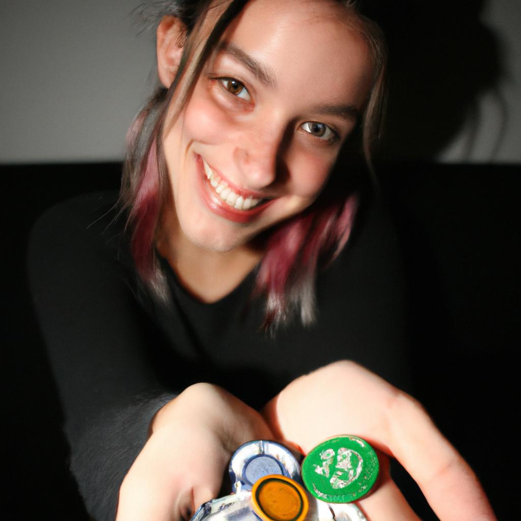 Person holding game tokens, smiling